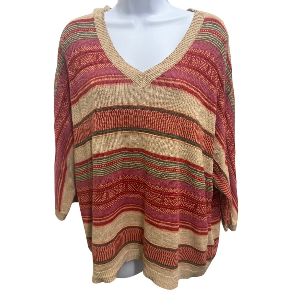 Chaps Denim Womens Orange Multicolor Linen Pullover Sweater Top Sz XL V Neck